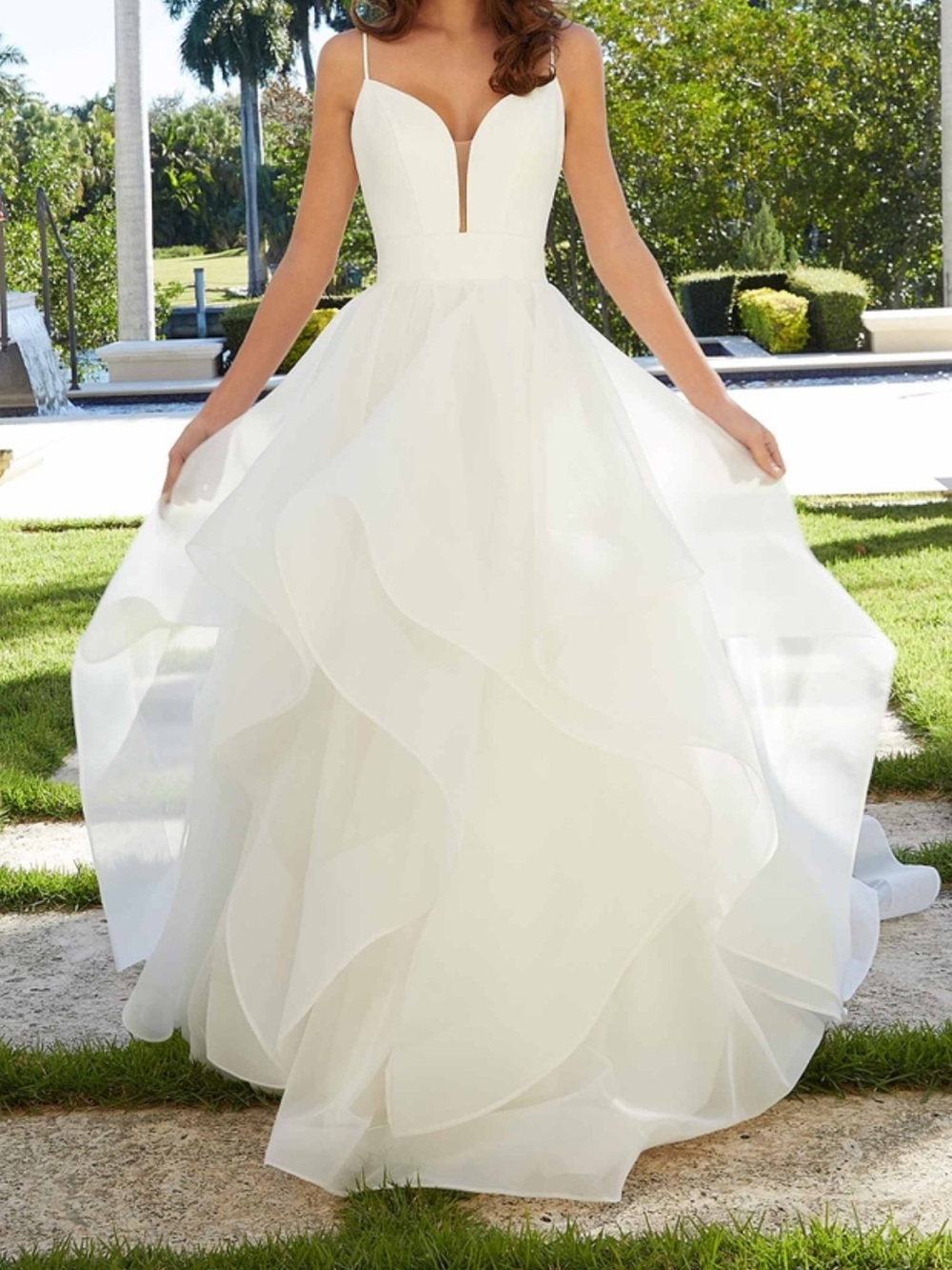 Mori Lee White Plunging V-Neck Organza Ball Gown
